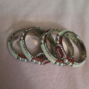 Traditional Red & White Stone Bangle Set – Pearl Accents – Indian Bridal Jewelry